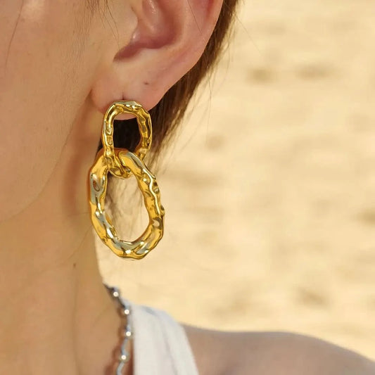 TRENDY / E2070 E2070 Double Twist Hoop Pendant Earring Geometric 18K PVD Gold Plated Stainless Steel Metal Style Drop Earring For Women
