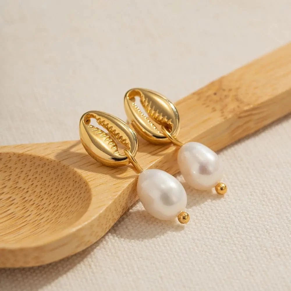TRENDY / E2113 E2113 18k Stainless Steel Gold Plated Freshwater Pearl Pendant Earring Delicate Shell Design Drop Earring