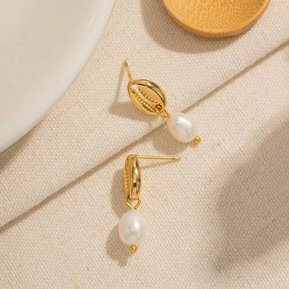TRENDY / E2113 E2113 18k Stainless Steel Gold Plated Freshwater Pearl Pendant Earring Delicate Shell Design Drop Earring