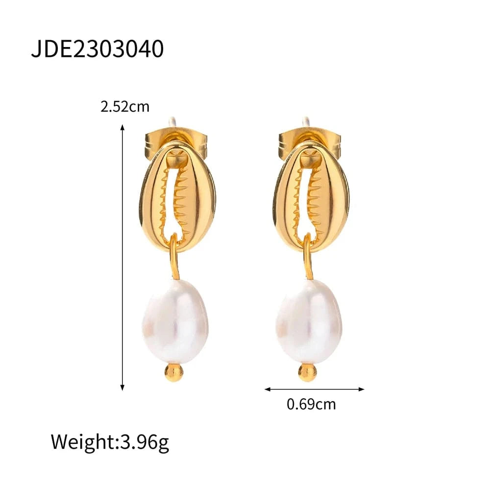 TRENDY / E2113 E2113 18k Stainless Steel Gold Plated Freshwater Pearl Pendant Earring Delicate Shell Design Drop Earring