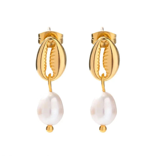 TRENDY / E2113 E2113 18k Stainless Steel Gold Plated Freshwater Pearl Pendant Earring Delicate Shell Design Drop Earring