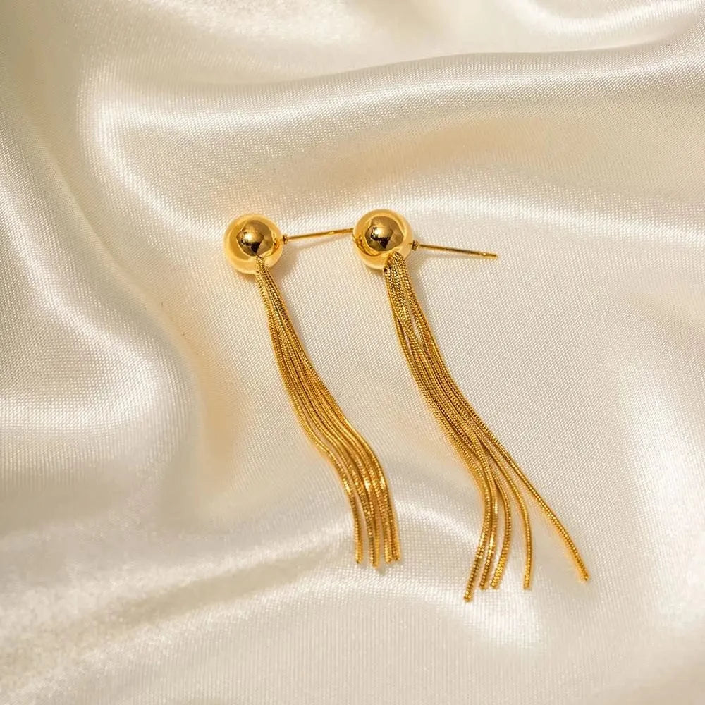 Trendy / E2152 E2152 French Exclusive Stainless Steel 18K Earring Glaring Bead Dainty Long Tassel Drop Earrings