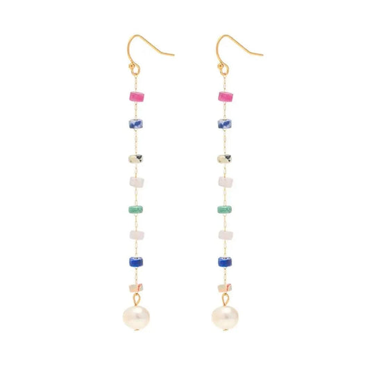 Trendy / E2176 E2176 PVD 18K Real Gold Plated Stainless Steel drop earring with the freshwater pearl natural stones  irregular earrings