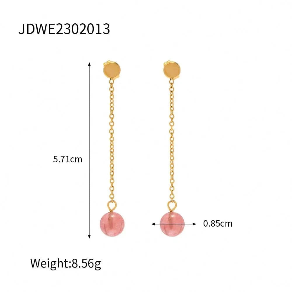 TRENDY / E2177 E2177 18K Gold Plated Stainless Steel Earring Delicate line and the strawberry quartz round tassel stud earring for girls