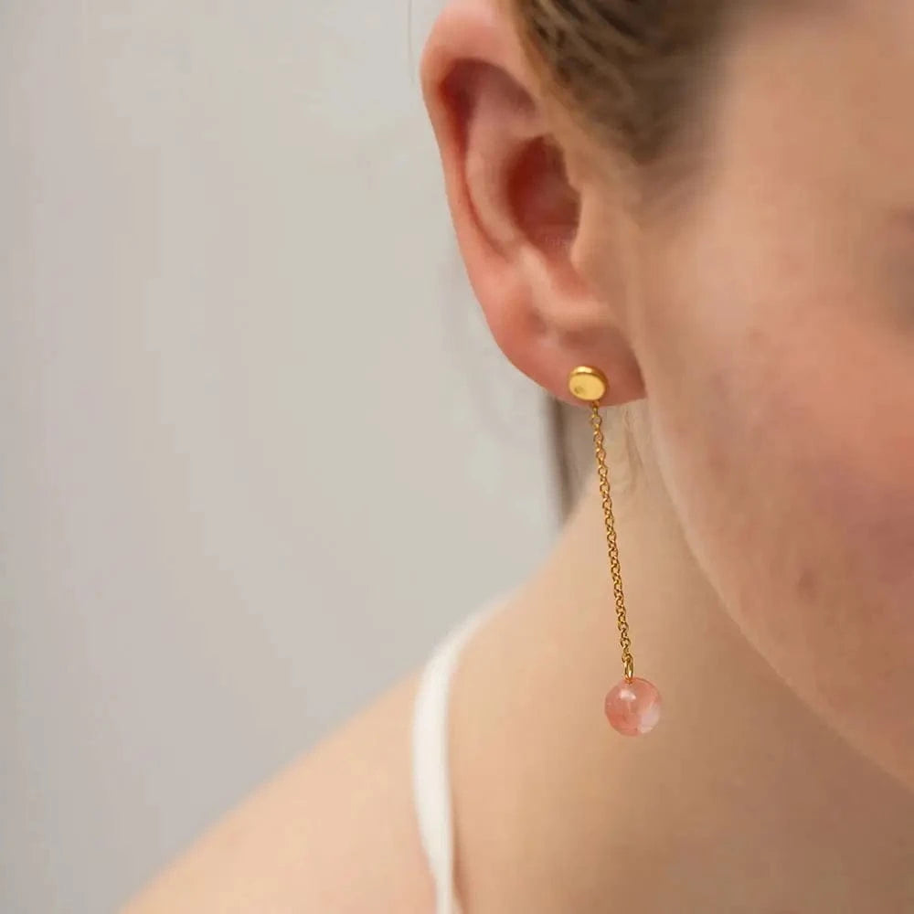 TRENDY / E2177 E2177 18K Gold Plated Stainless Steel Earring Delicate line and the strawberry quartz round tassel stud earring for girls