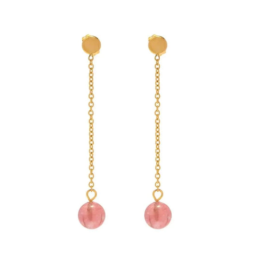 TRENDY / E2177 E2177 18K Gold Plated Stainless Steel Earring Delicate line and the strawberry quartz round tassel stud earring for girls