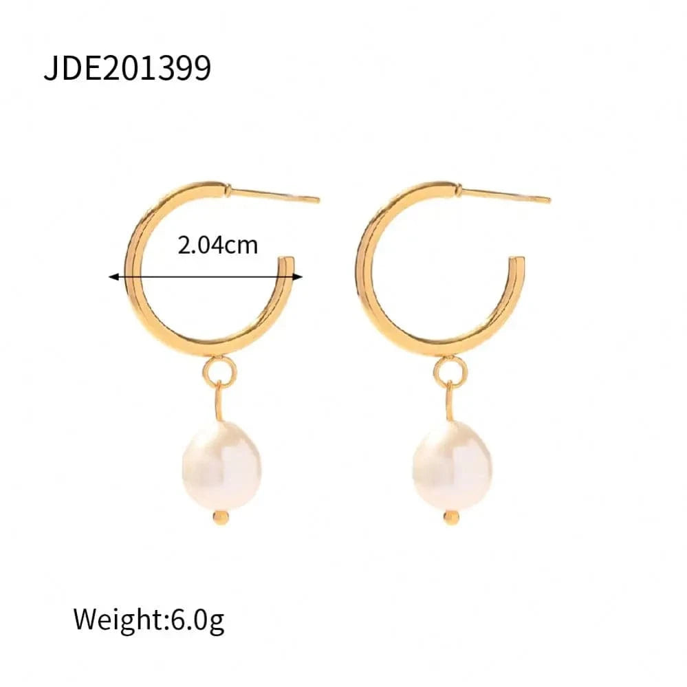 Trendy / E2180 E2180 18K Gold Planted Pearl CC Texture Hoop Earring Nontarnish Stainless Steel Pearl Hoop Earring for Women