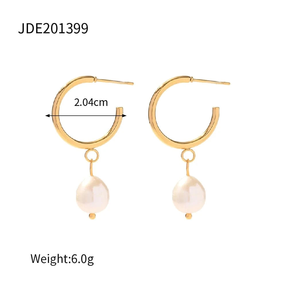 Trendy / E2180 E2180 18K Gold Planted Pearl CC Texture Hoop Earring Nontarnish Stainless Steel Pearl Hoop Earring for Women