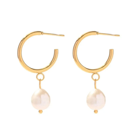 Trendy / E2180 E2180 18K Gold Planted Pearl CC Texture Hoop Earring Nontarnish Stainless Steel Pearl Hoop Earring for Women