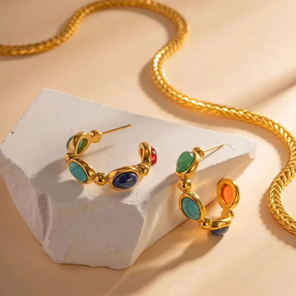 trendy / E2187 E2187 New Arrival Jewelry Stainless Steel Oval Green Colorful Lapis Stone CC Hoop Earring for Girls