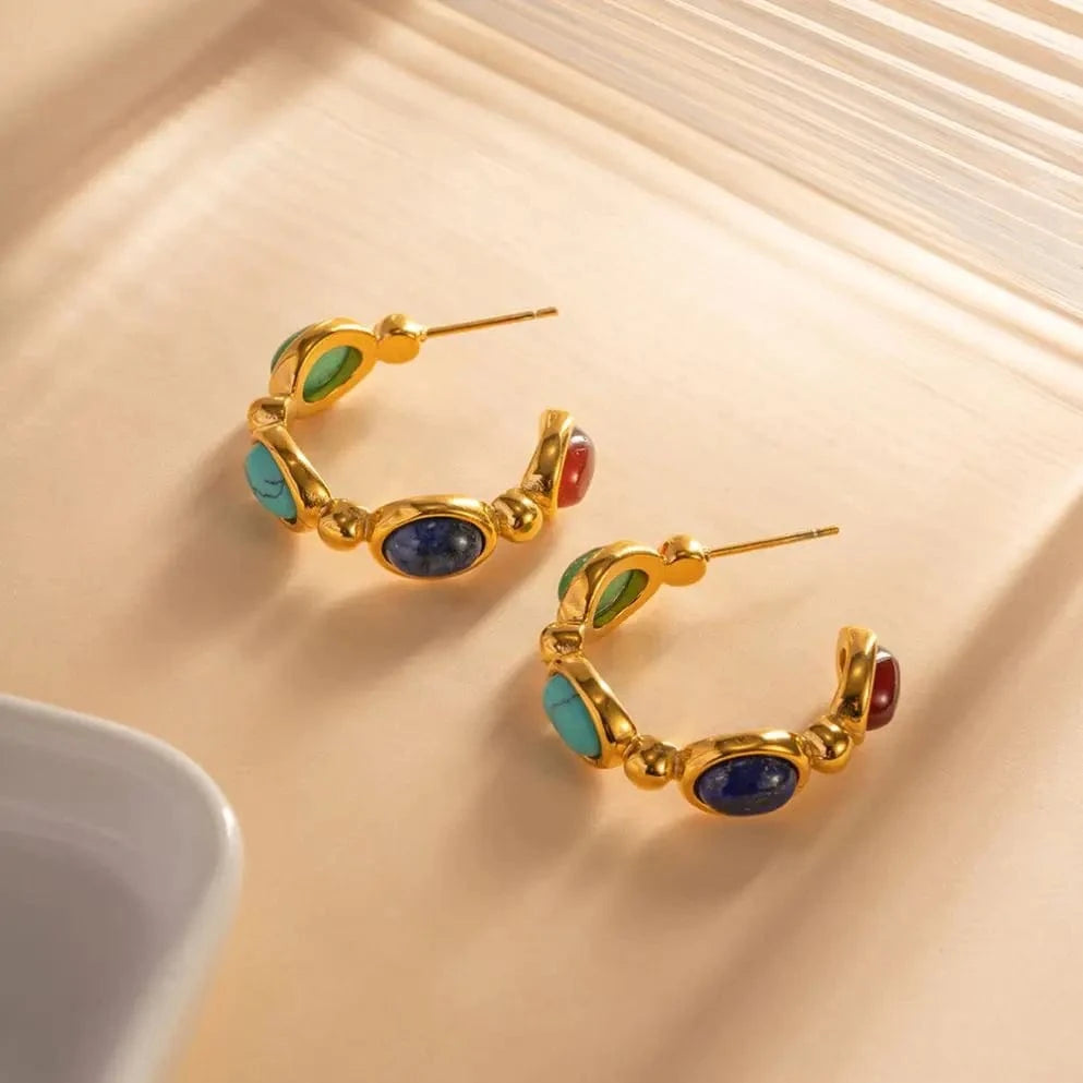trendy / E2187 E2187 New Arrival Jewelry Stainless Steel Oval Green Colorful Lapis Stone CC Hoop Earring for Girls