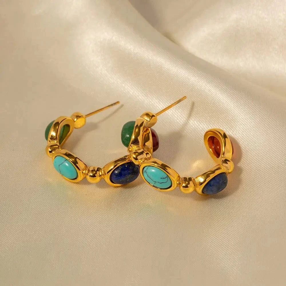 trendy / E2187 E2187 New Arrival Jewelry Stainless Steel Oval Green Colorful Lapis Stone CC Hoop Earring for Girls