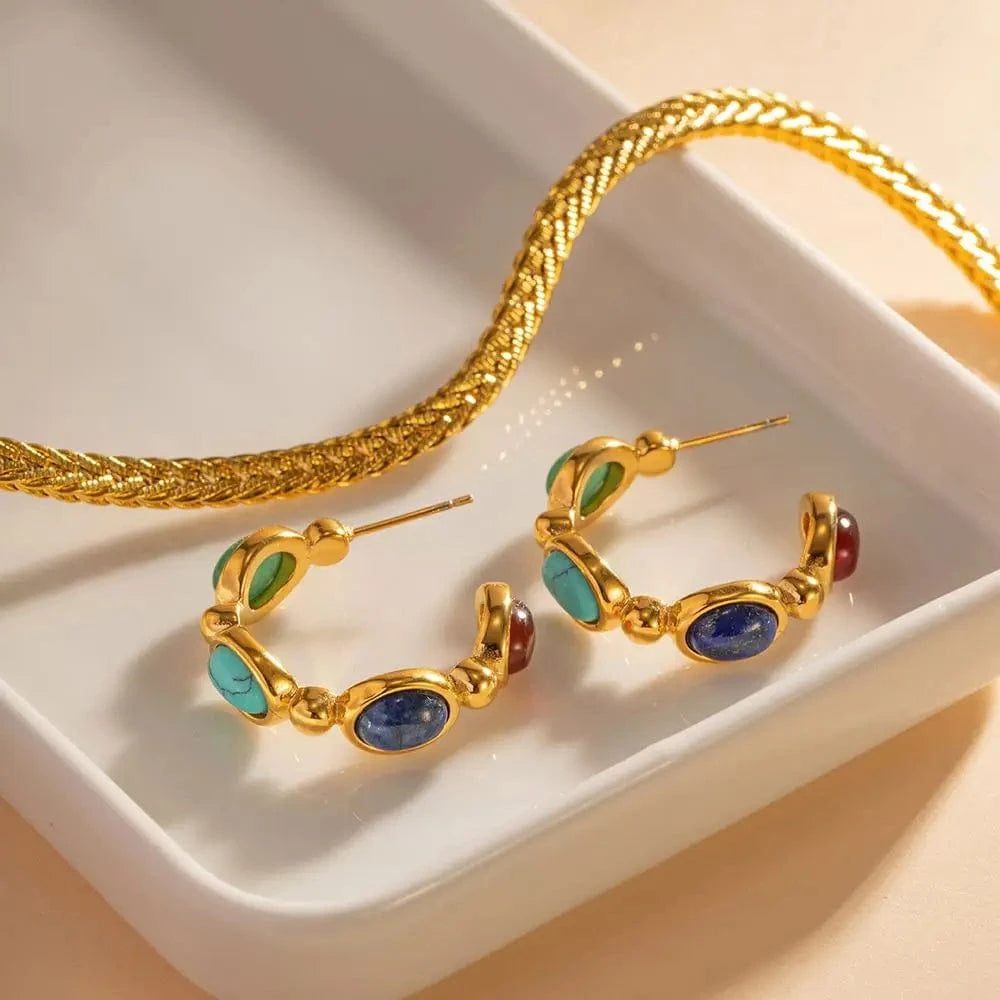 trendy / E2187 E2187 New Arrival Jewelry Stainless Steel Oval Green Colorful Lapis Stone CC Hoop Earring for Girls