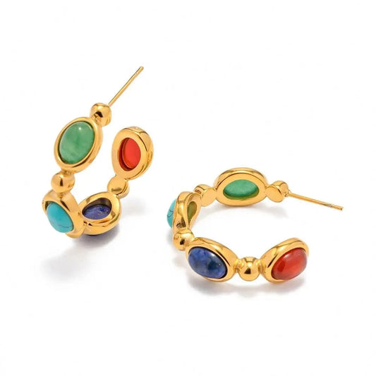 trendy / E2187 E2187 New Arrival Jewelry Stainless Steel Oval Green Colorful Lapis Stone CC Hoop Earring for Girls