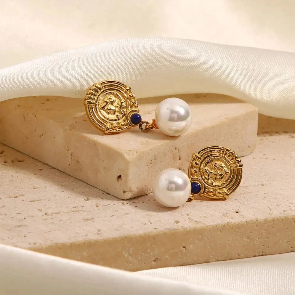 TRENDY / E2199 E2199 Classic Stainless Steel Gold Plated Huge Pearl Pendant Earring Blue Lapis Delicate Design Drop Earring