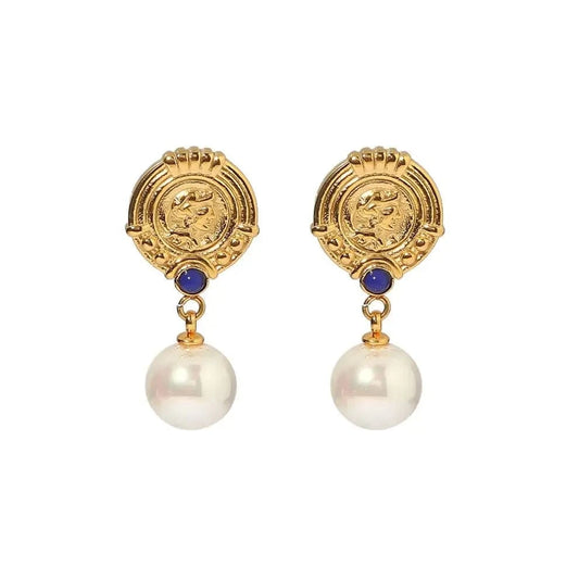 TRENDY / E2199 E2199 Classic Stainless Steel Gold Plated Huge Pearl Pendant Earring Blue Lapis Delicate Design Drop Earring