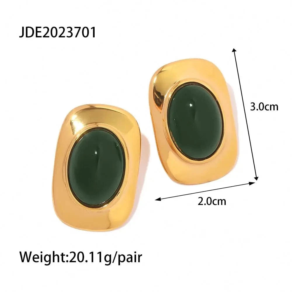 TRENDY / E2211 E2211 Classic Green Cat Eye Opal Shape Inlaid Stud Earring Waterproof Stainless Steel 18 k Gold Plated Jewelry