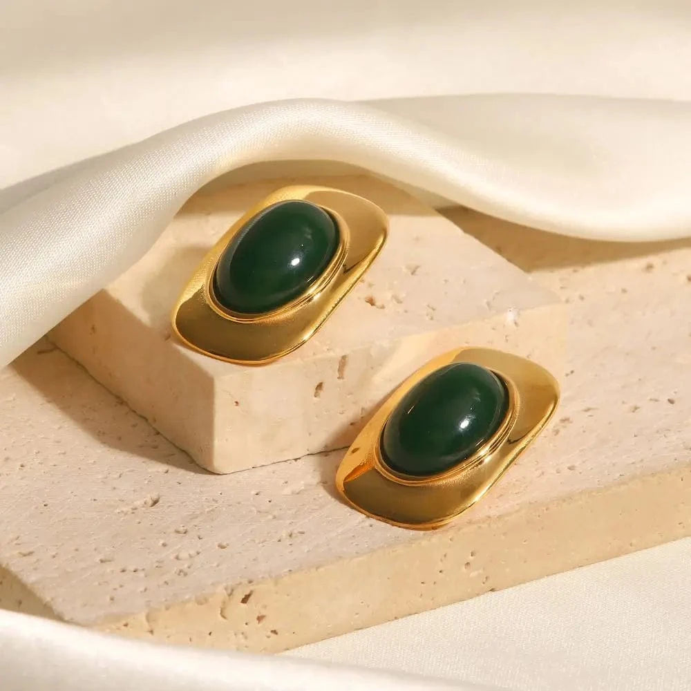 TRENDY / E2211 E2211 Classic Green Cat Eye Opal Shape Inlaid Stud Earring Waterproof Stainless Steel 18 k Gold Plated Jewelry