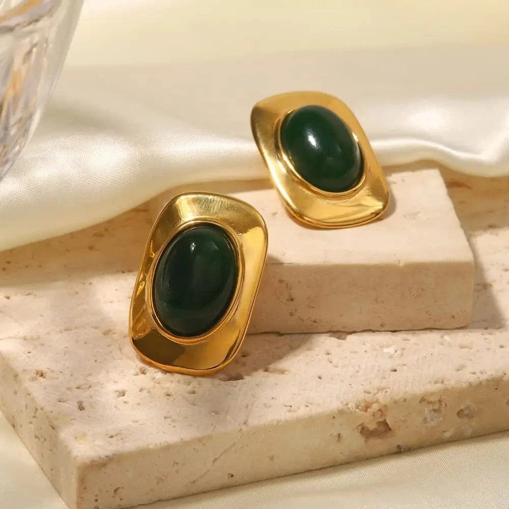 TRENDY / E2211 E2211 Classic Green Cat Eye Opal Shape Inlaid Stud Earring Waterproof Stainless Steel 18 k Gold Plated Jewelry