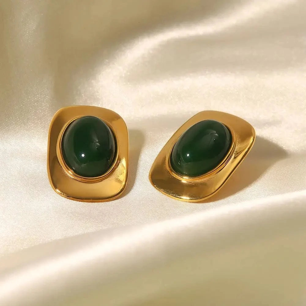 TRENDY / E2211 E2211 Classic Green Cat Eye Opal Shape Inlaid Stud Earring Waterproof Stainless Steel 18 k Gold Plated Jewelry