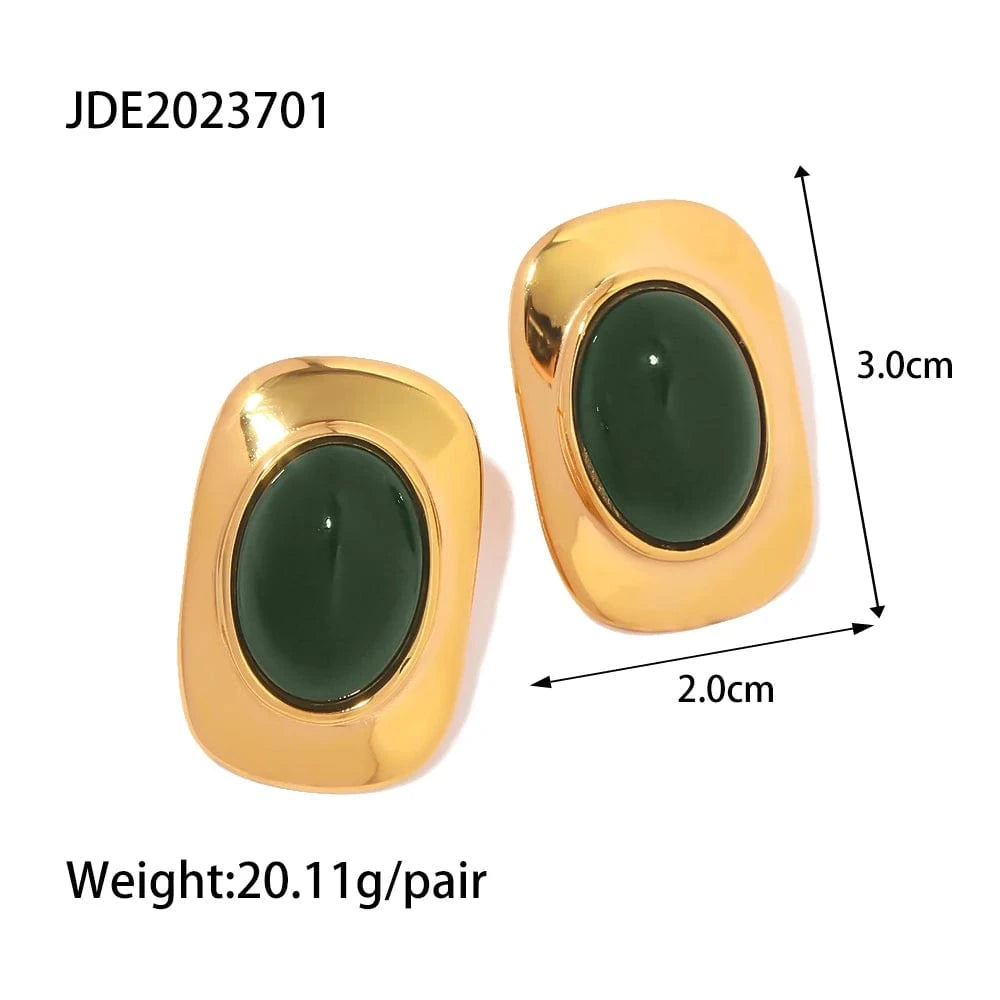 TRENDY / E2211 E2211 Classic Green Cat Eye Opal Shape Inlaid Stud Earring Waterproof Stainless Steel 18 k Gold Plated Jewelry