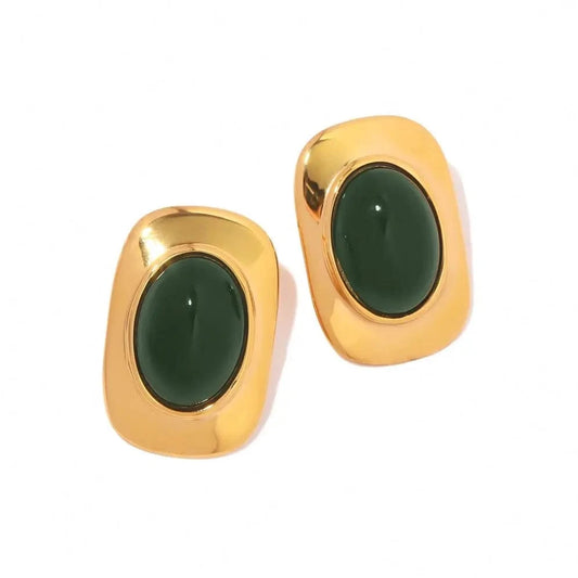 TRENDY / E2211 E2211 Classic Green Cat Eye Opal Shape Inlaid Stud Earring Waterproof Stainless Steel 18 k Gold Plated Jewelry