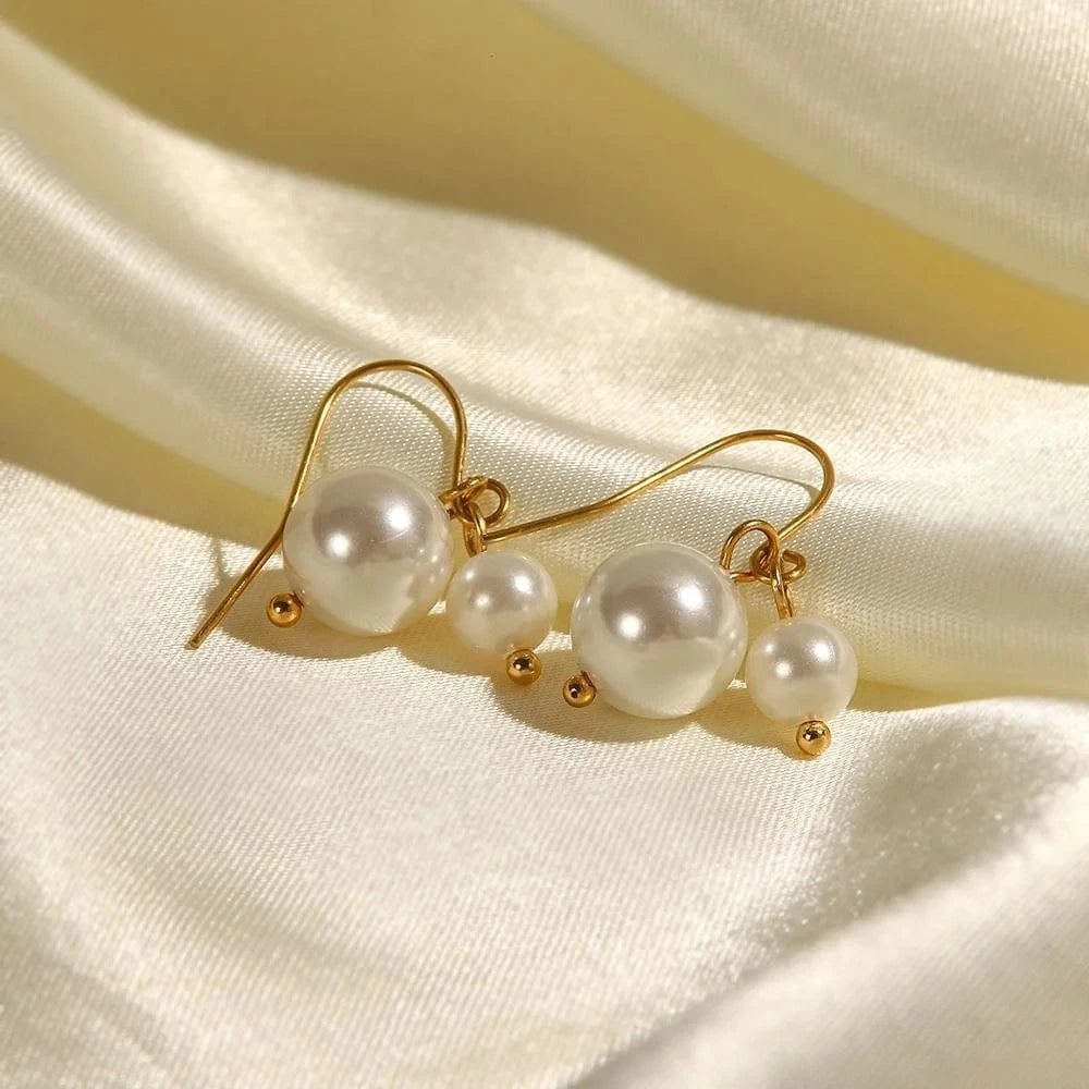 TRENDY / E2217 E2217 Two Highlight Pearl Drop Fishook Waterproof Dainy 18K Gold Plated Stainless Steel Pendant Earring