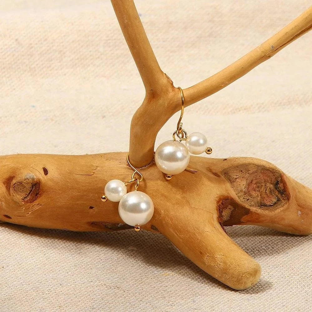 TRENDY / E2217 E2217 Two Highlight Pearl Drop Fishook Waterproof Dainy 18K Gold Plated Stainless Steel Pendant Earring