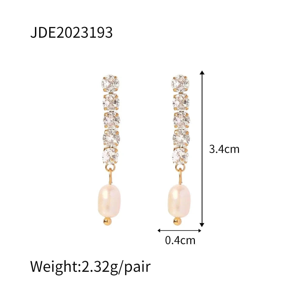TRENDY / E2223 E2223 Delicate Shiny Zircon Freshwater Pearl 18K PVD Gold Plated Stainless Steel Pendant Earrings Parisian