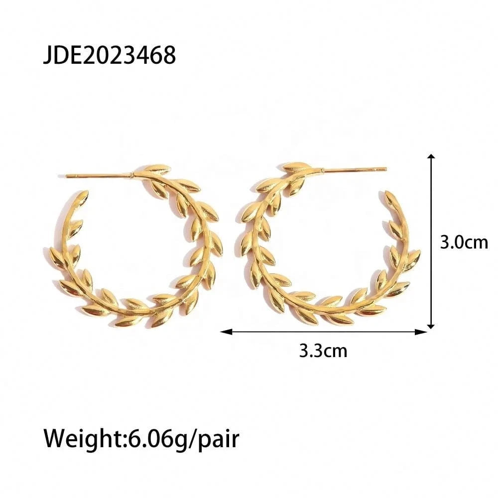 TRENDY / E2228 E2228 Waterproof Leaf Geometric  18K Gold Plated Stainless Steel Hoop Earrings For Women