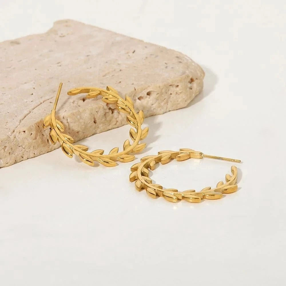 TRENDY / E2228 E2228 Waterproof Leaf Geometric  18K Gold Plated Stainless Steel Hoop Earrings For Women