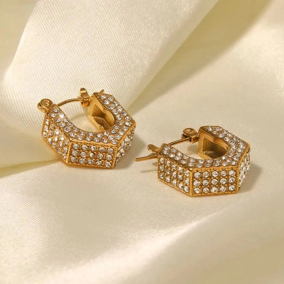 TRENDY / E2234 E2234 Vintage Full Of Shiny Zircon U-Shape Hoop Earrings Stainless Steel 18K Pvd Gold Plated High Quality Jewelry Gift