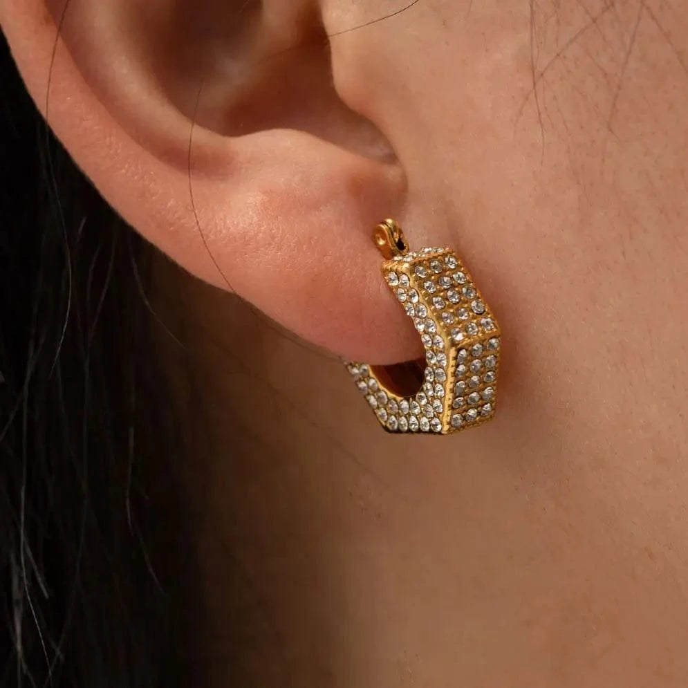 TRENDY / E2234 E2234 Vintage Full Of Shiny Zircon U-Shape Hoop Earrings Stainless Steel 18K Pvd Gold Plated High Quality Jewelry Gift