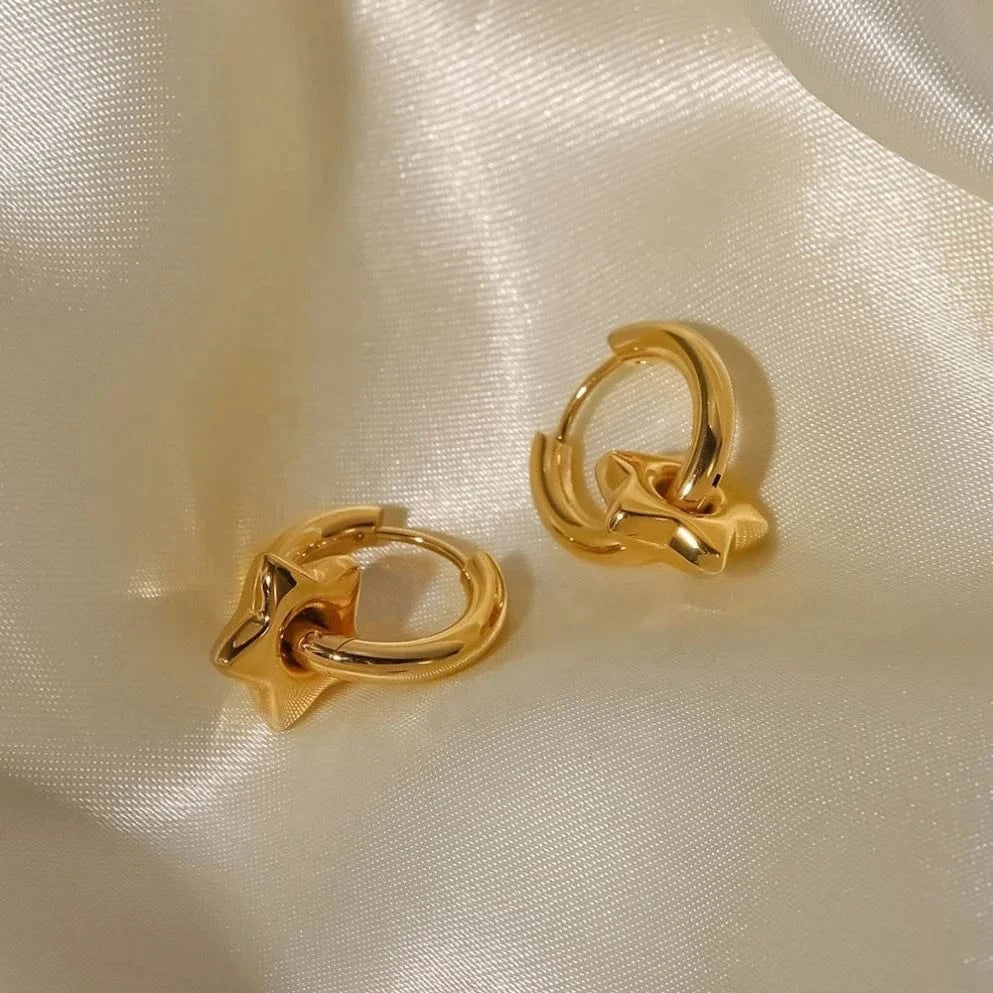 TRENDY / E2262 E2262 16K Gold Plated Geometric Star Shape Charm  Stainless Steel Hoop Earrings For Women Gift Jewelry