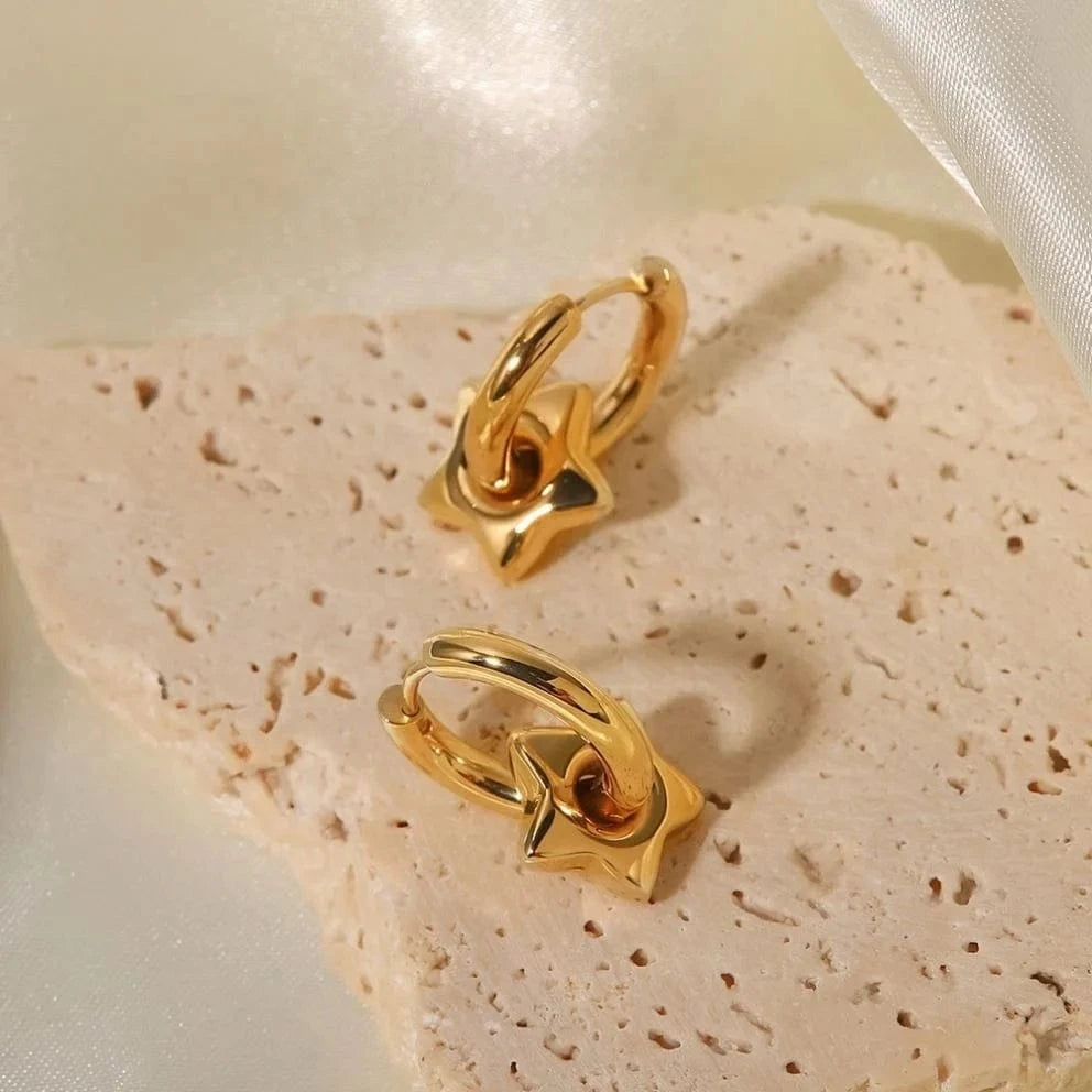TRENDY / E2262 E2262 16K Gold Plated Geometric Star Shape Charm  Stainless Steel Hoop Earrings For Women Gift Jewelry