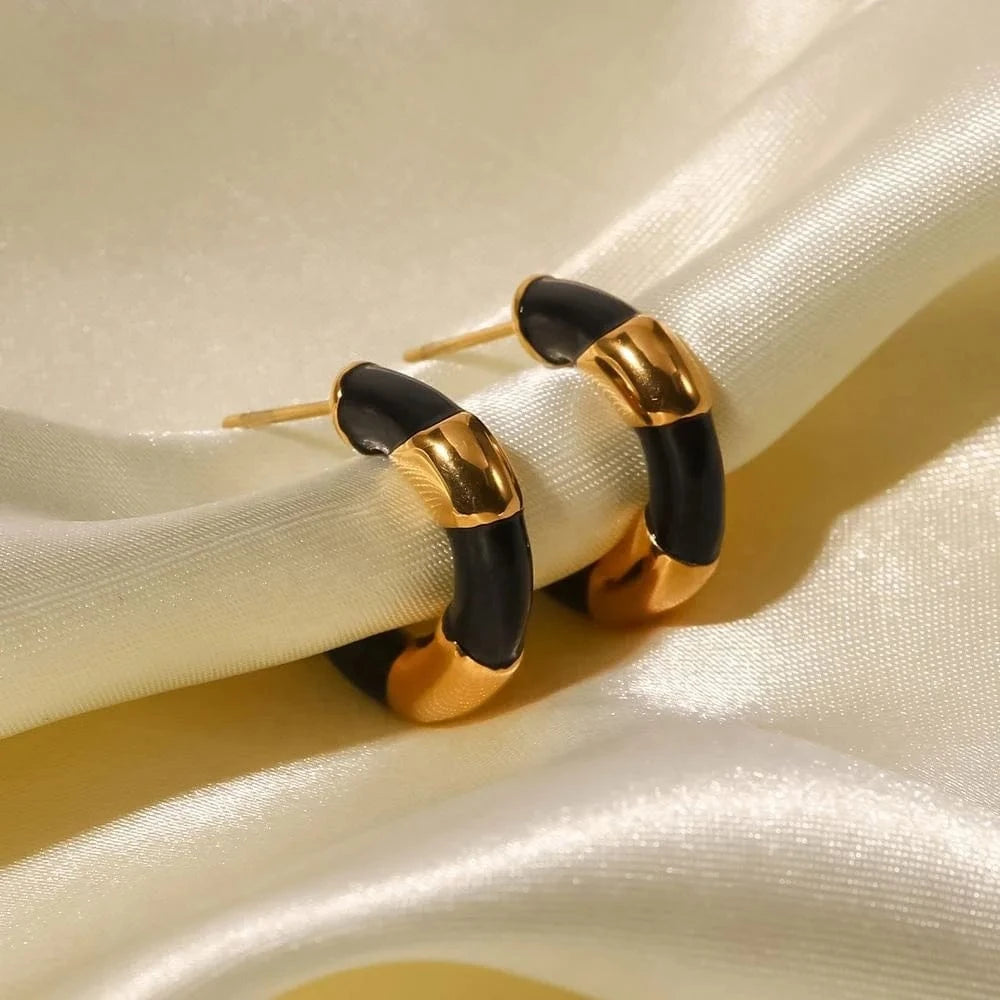 TRENDY / E2270 E2270 18k Gold Plated Stainless Steel Black Enameled Contrast Color C Shape Hoop Earring For Ladies