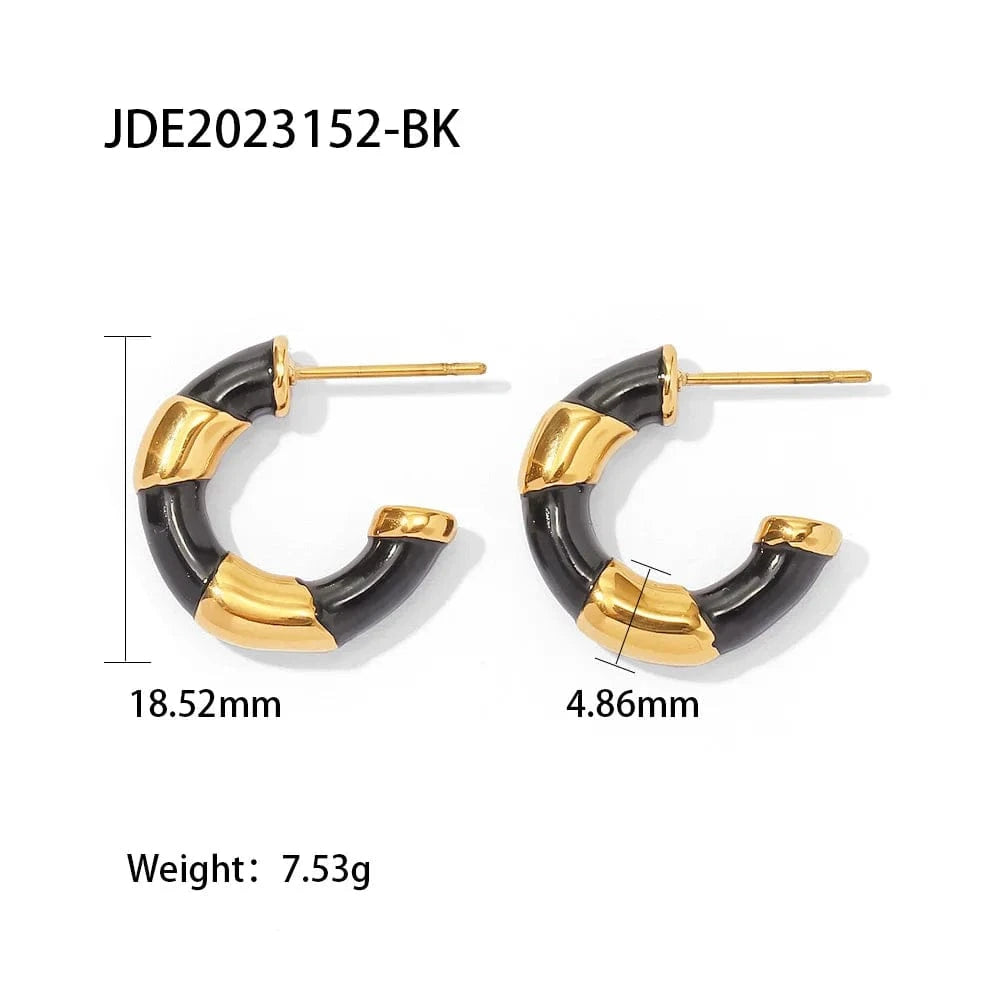 TRENDY / E2270 E2270 18k Gold Plated Stainless Steel Black Enameled Contrast Color C Shape Hoop Earring For Ladies