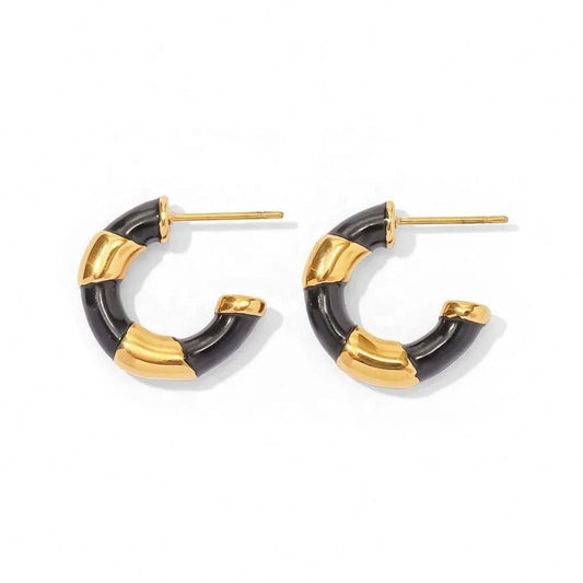 TRENDY / E2270 E2270 18k Gold Plated Stainless Steel Black Enameled Contrast Color C Shape Hoop Earring For Ladies