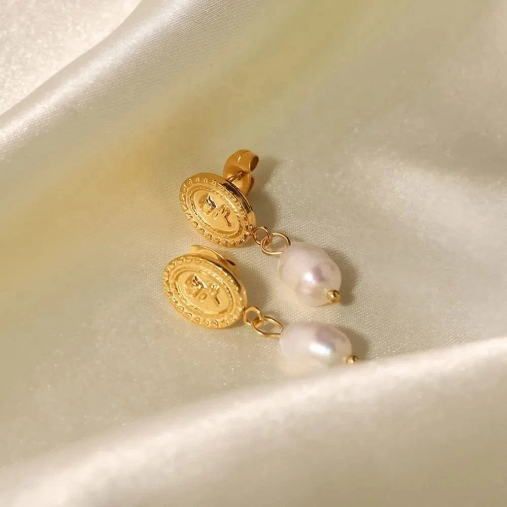 TRENDY / E2272 E2273 18k Gold Plated Stainless Steel Freshwater Pearl Coin Design Rose Embossed Pendant Earrings Ins Trendy