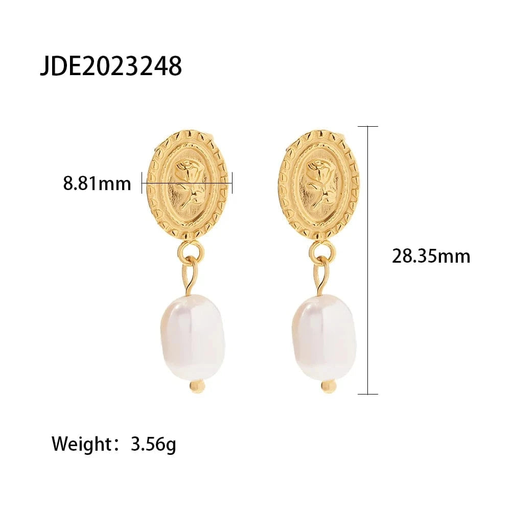 TRENDY / E2272 E2273 18k Gold Plated Stainless Steel Freshwater Pearl Coin Design Rose Embossed Pendant Earrings Ins Trendy