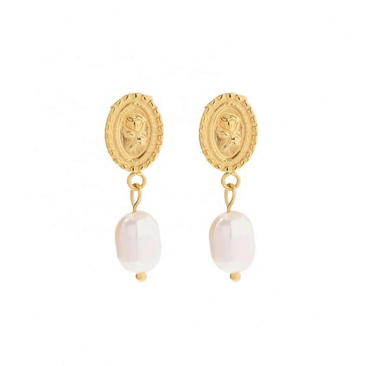 TRENDY / E2272 E2273 18k Gold Plated Stainless Steel Freshwater Pearl Coin Design Rose Embossed Pendant Earrings Ins Trendy