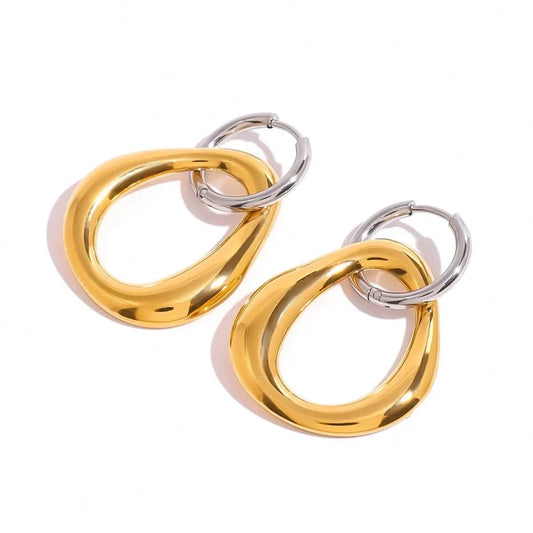 TRENDY / E2418 E2418 18k Gold Stainless Steel Gold and Steel Color Irregular Hollow Pendant Round Earrings Unique Design
