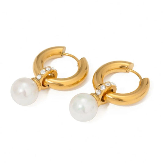 TRENDY / E2423 E2423 18k Gold Stainless Steel Full Circle White Zirconia Hoop Earrings Shell Pearl Elegant Fashion Accessory