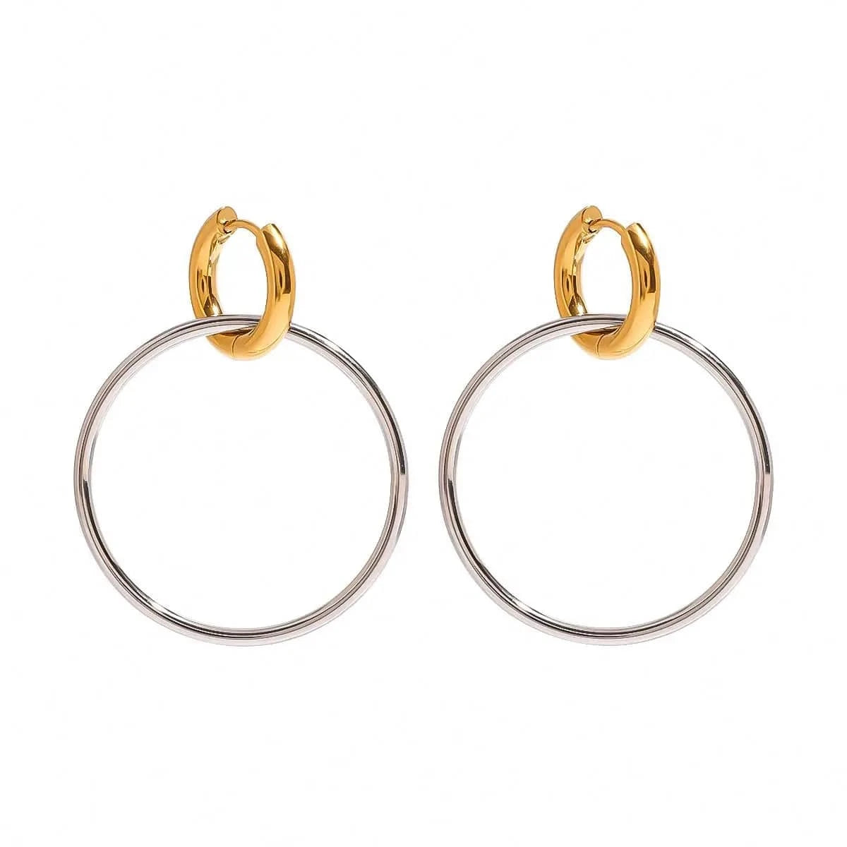 TRENDY / E2458 E2458 Stainless Steel Two Tone Large 18K Gold Steel Ring Interlocking Color Matching Earrings