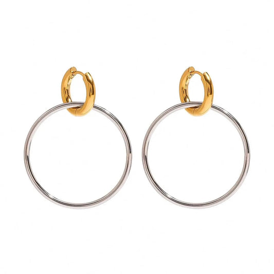 TRENDY / E2458 E2458 Stainless Steel Two Tone Large 18K Gold Steel Ring Interlocking Color Matching Earrings