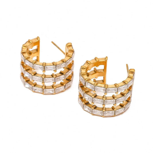 Trendy / E2521 E2521 Luxury Delicate Stainless Steel 18K Gold Layered C-shaped White Rectangular Zircon Earrings