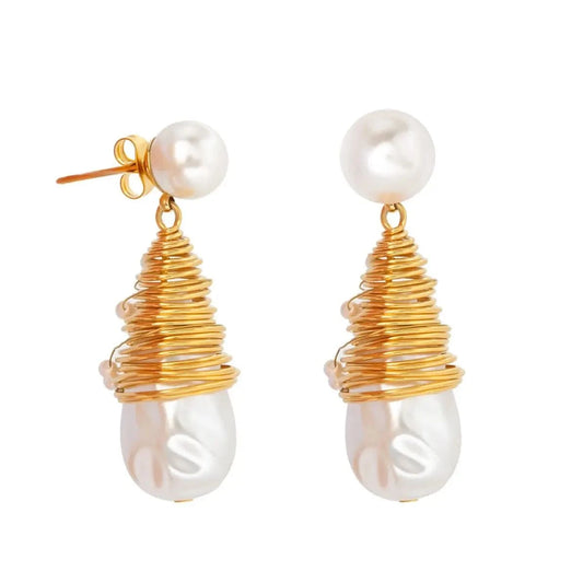 TRENDY / E2672 E2672 18K Gold Plated Stainless Steel Fashion Wrapped Pearl Earrings