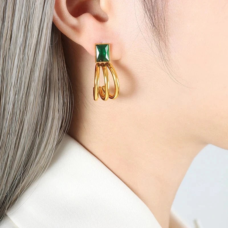 TRENDY / F813- Emerald earrings Glass Stone Fashion Earrings Emerald Stud Earrings 18k Gold Plated Hypoallergenic Jewelry Wholesale