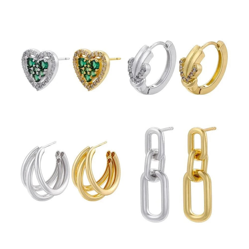 Trendy Fashion Zircon Knot Heart Stud Earrings Brass Gold Plated Geometry 3 Layers Oval Drop Earrings Women Korean Jewelry