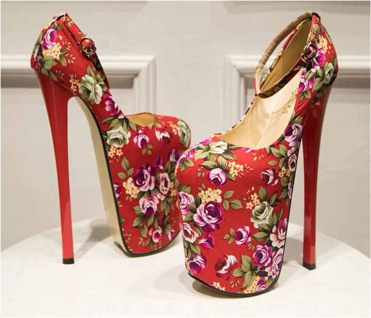 Trendy Flower 22 CM Heels Ankle Strap Platform Shoes Women Heels Sexy Peep-toe Sandals Stiletto Pumps